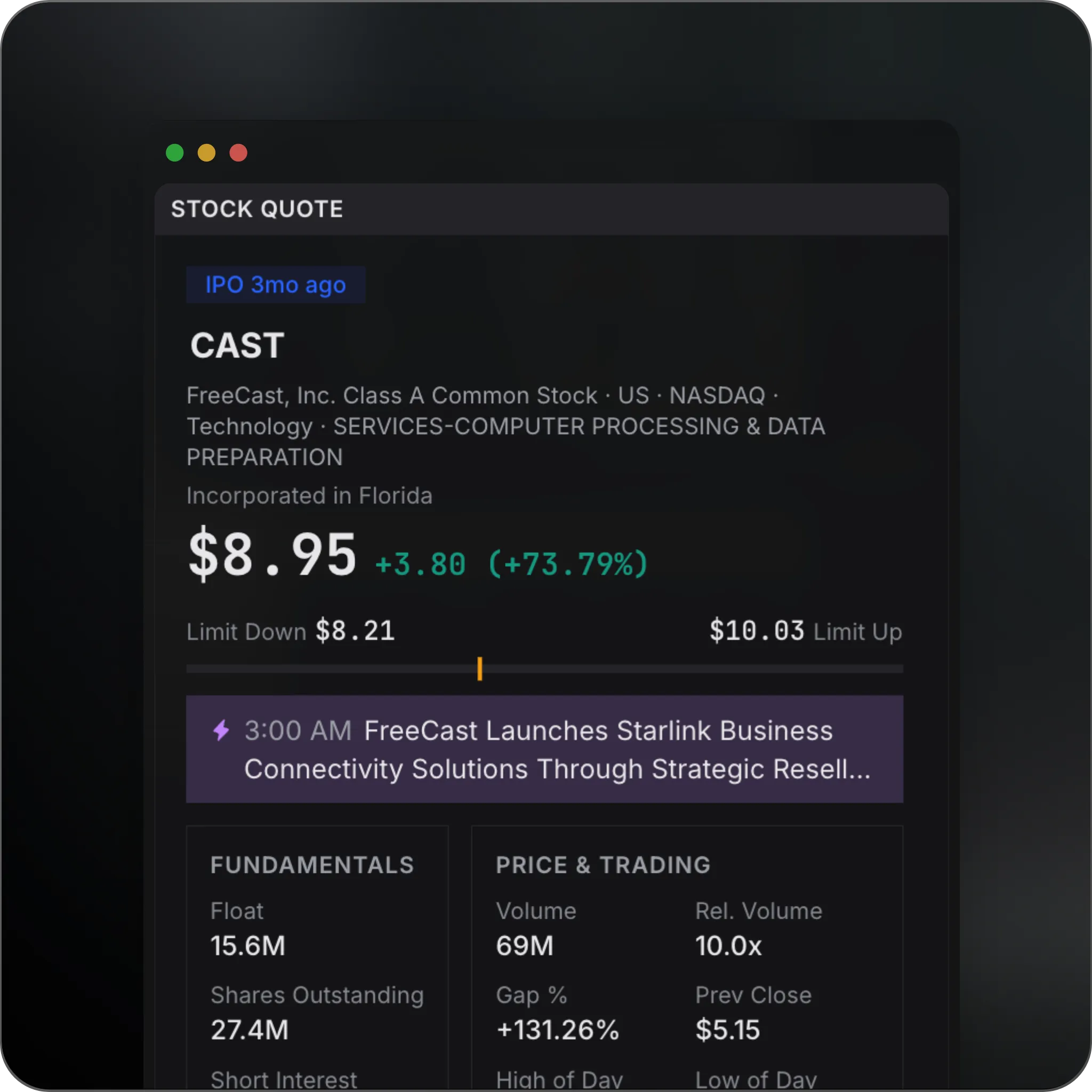 A stock quote panel: float, shares outstanding, short interest, market cap, price and trading stats, plus recent news for a ticker.